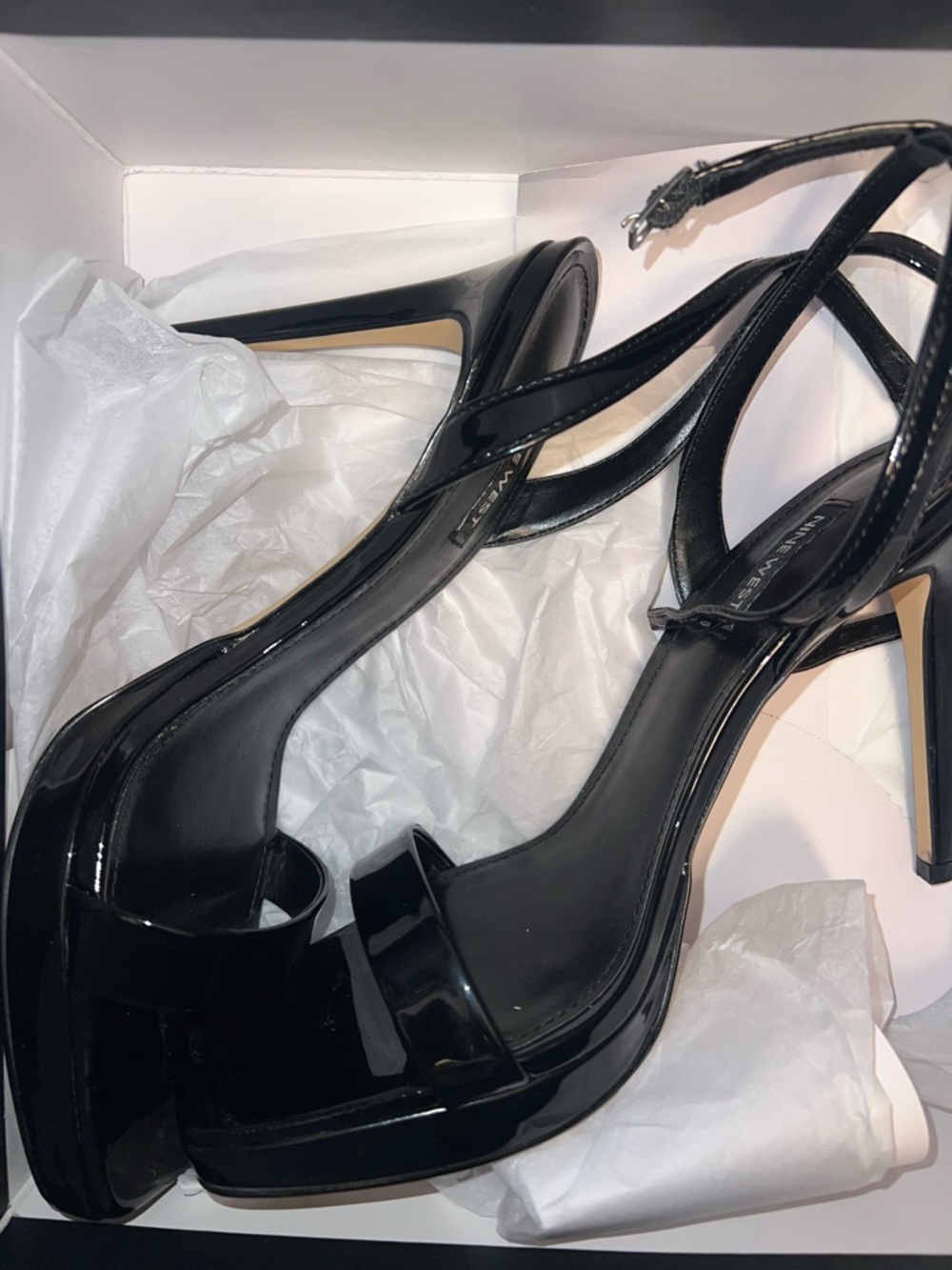 Nine West Black Patent Open-Toe Ankle-Strap Heels